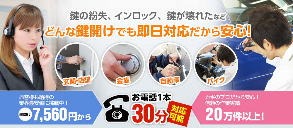 玄関、金庫、車、バイクの鍵開けに緊急対応いたします